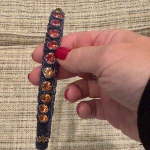 Lele Sadoughi Blue Velvet Headband with Orange, Pink, and Gray Gemstones